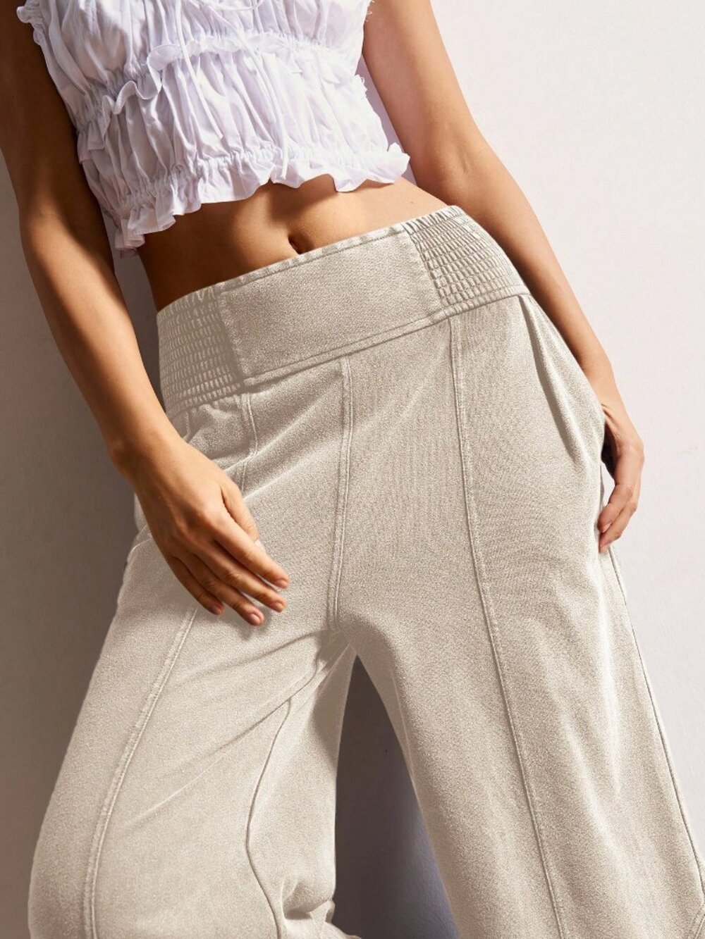 Khaki Casual Women's Knit Loose Wide-Leg Washed Smocked Waist Pants with Pockets - Picture 5 of 7